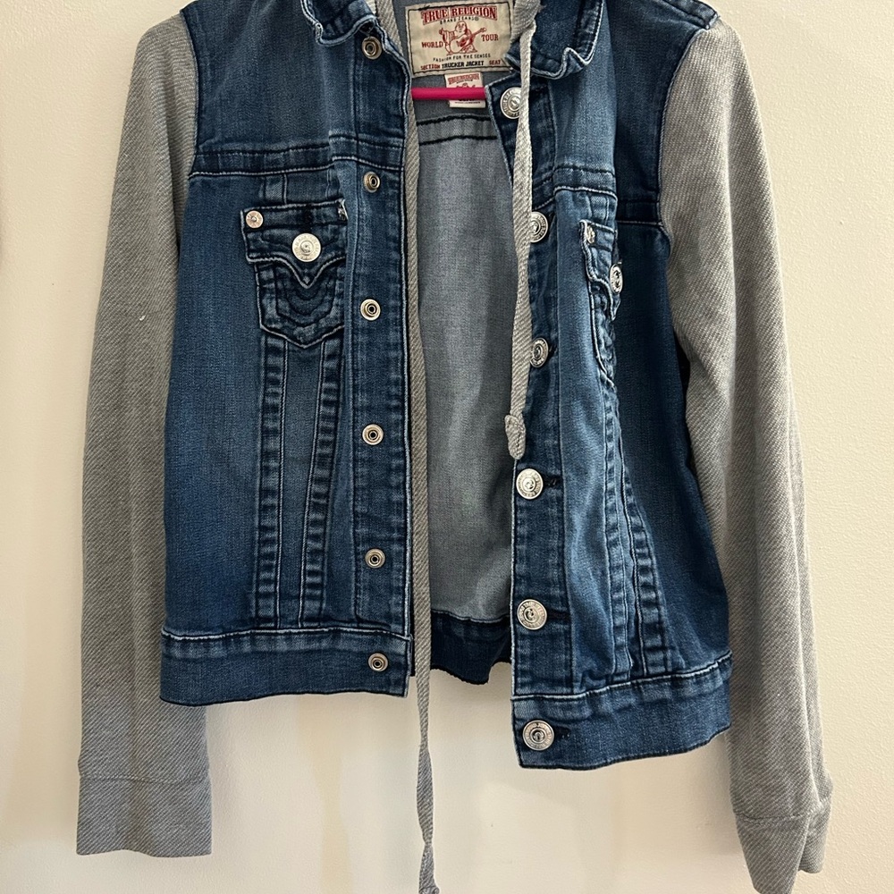 True Religion‎ Section Trucker Jean Denim Jacket Gray Sleeves Hood Women’s XS